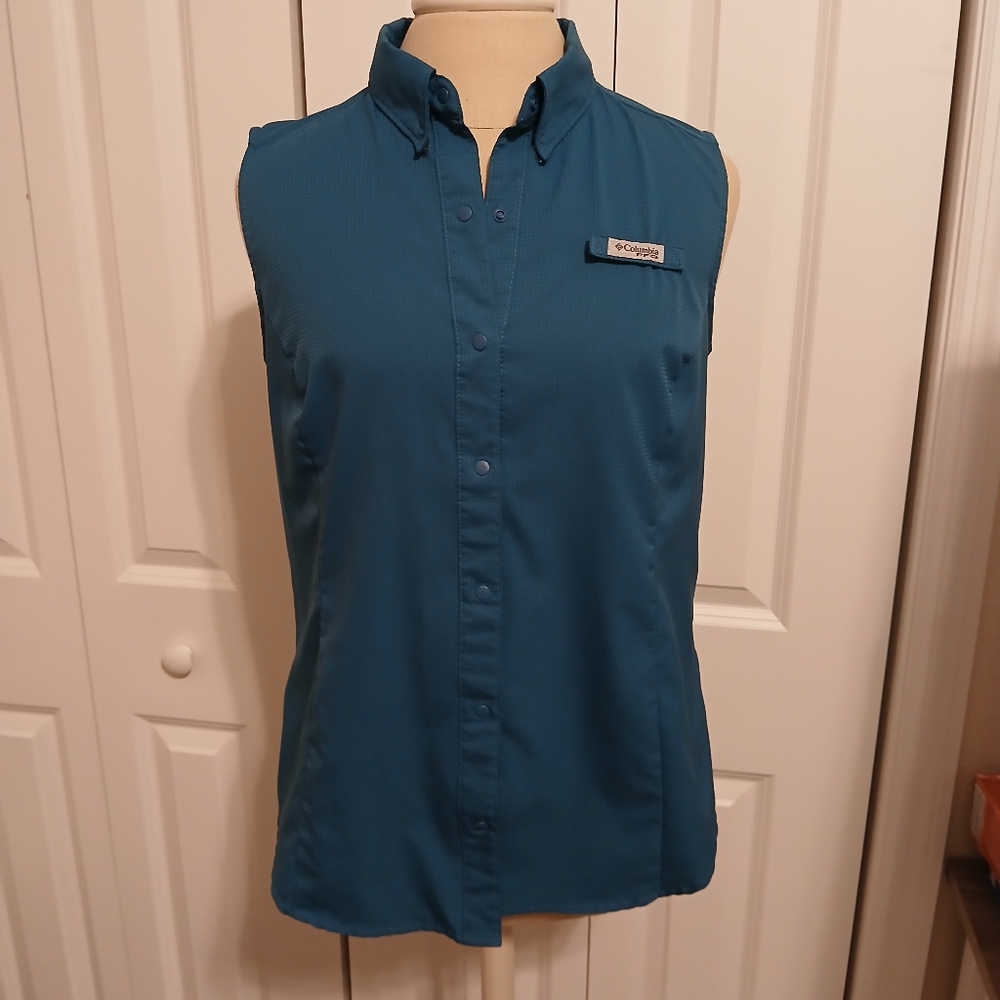 AMAZING LIKE NEW Ladies Columbia PFG Sleeveless Fishing Shirt Medium Blue